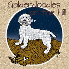Circular logo photo with a white Goldendoodle on a mountaintop with the words 